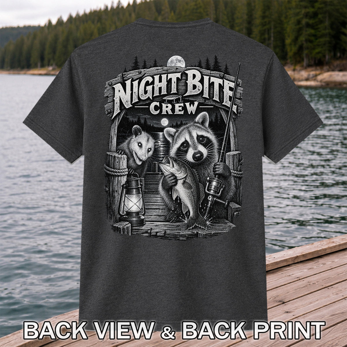 Night Bite Crew Raccoon and Bass Fishing Graphic T-Shirt | Back Print