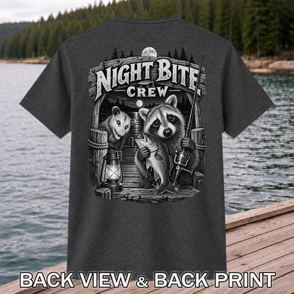 Night Bite Crew Raccoon and Bass Fishing Graphic T-Shirt | Back Print