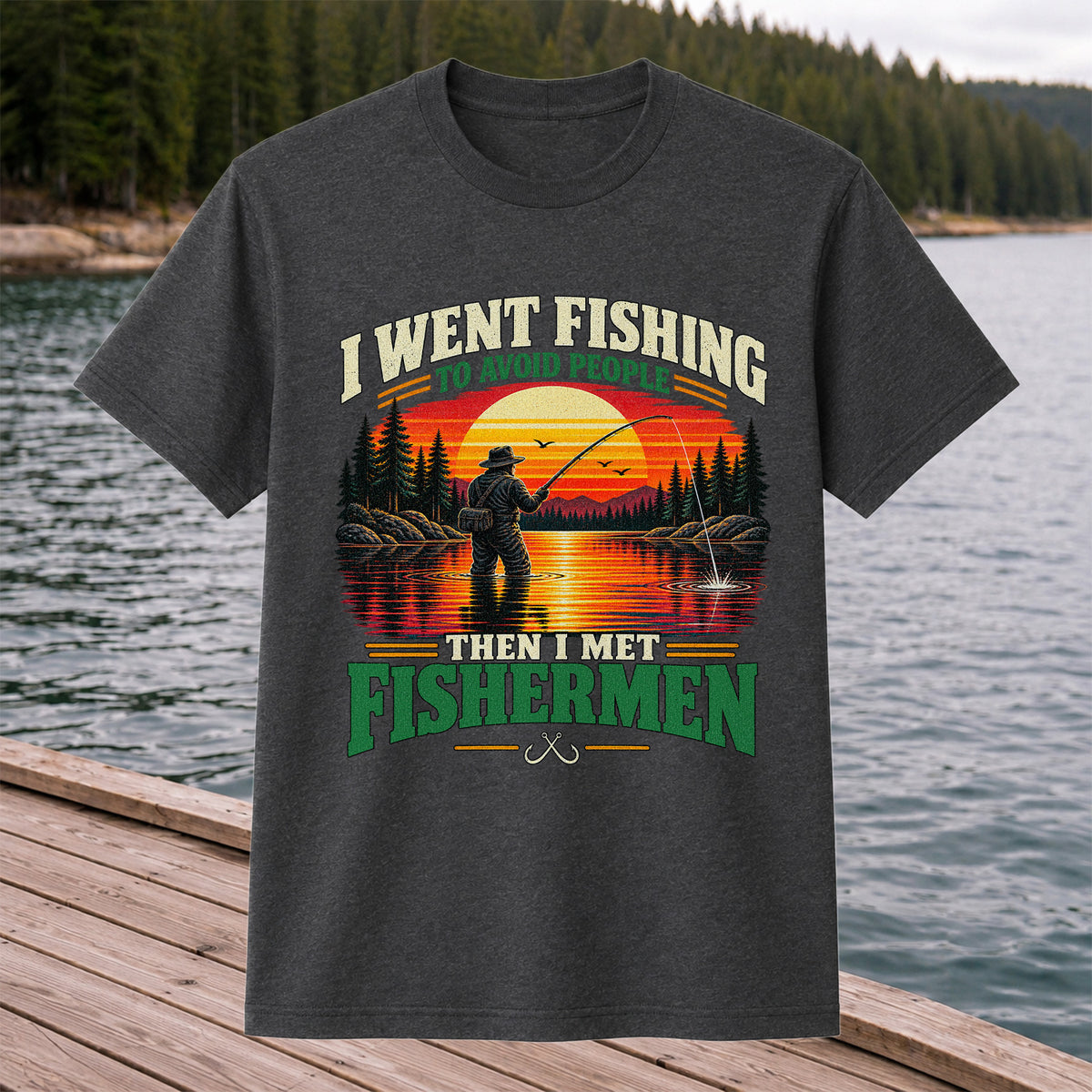 Sunset Fisherman Fishing Humor Graphic T-Shirt