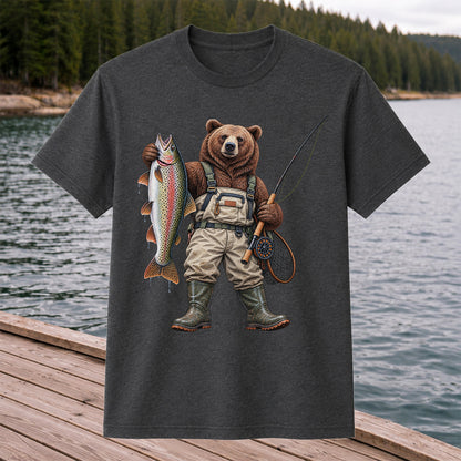 Bear Fishing with Rainbow Trout Outdoor Graphic T-Shirt