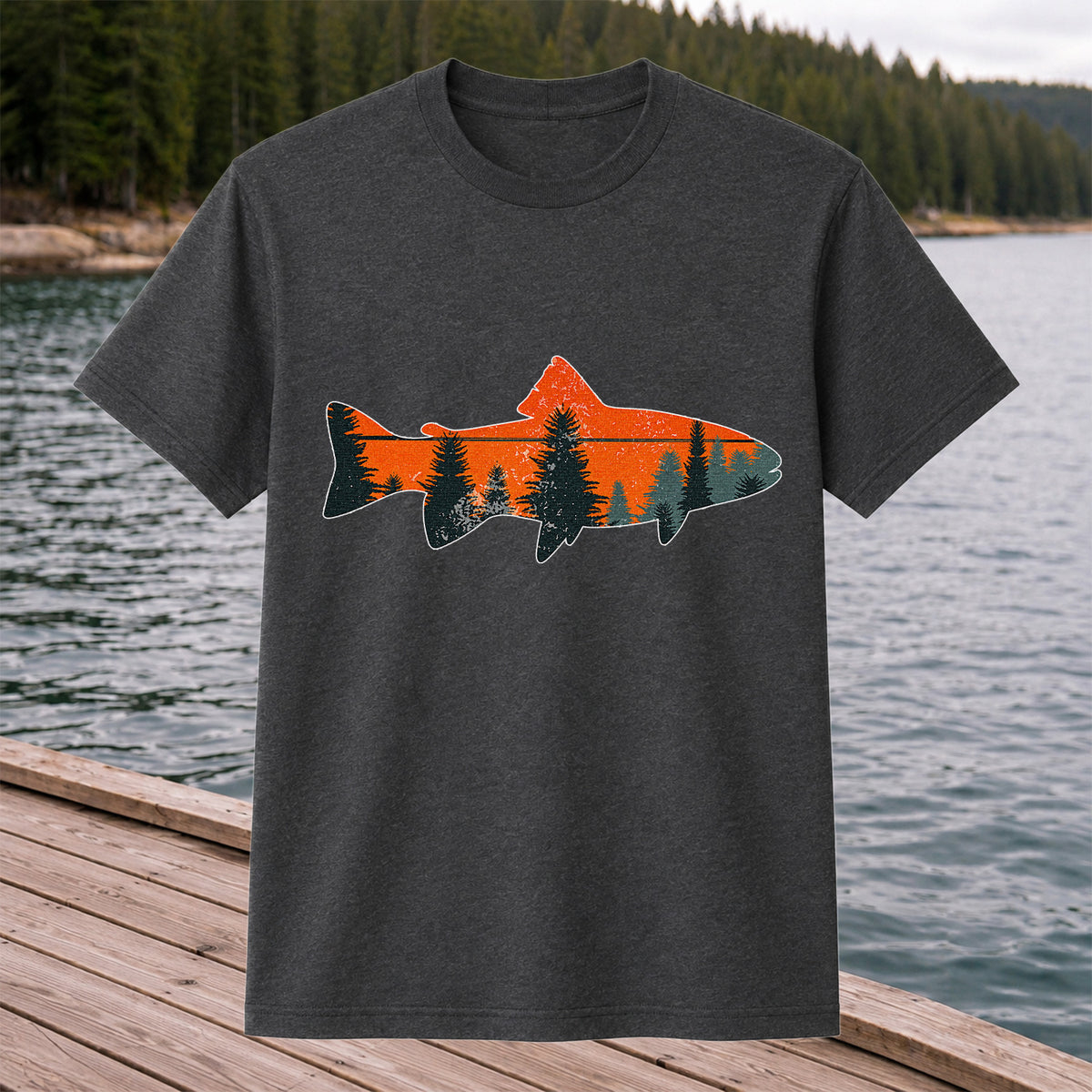 Trout with Mountain Sunset and Pine Forest Fishing Graphic T-Shirt