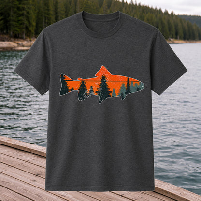 Trout with Mountain Sunset and Pine Forest Fishing Graphic T-Shirt