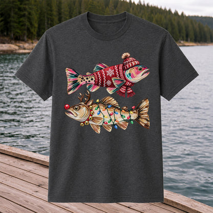 Festive Christmas Fish with Lights Fishing Graphic T-Shirt