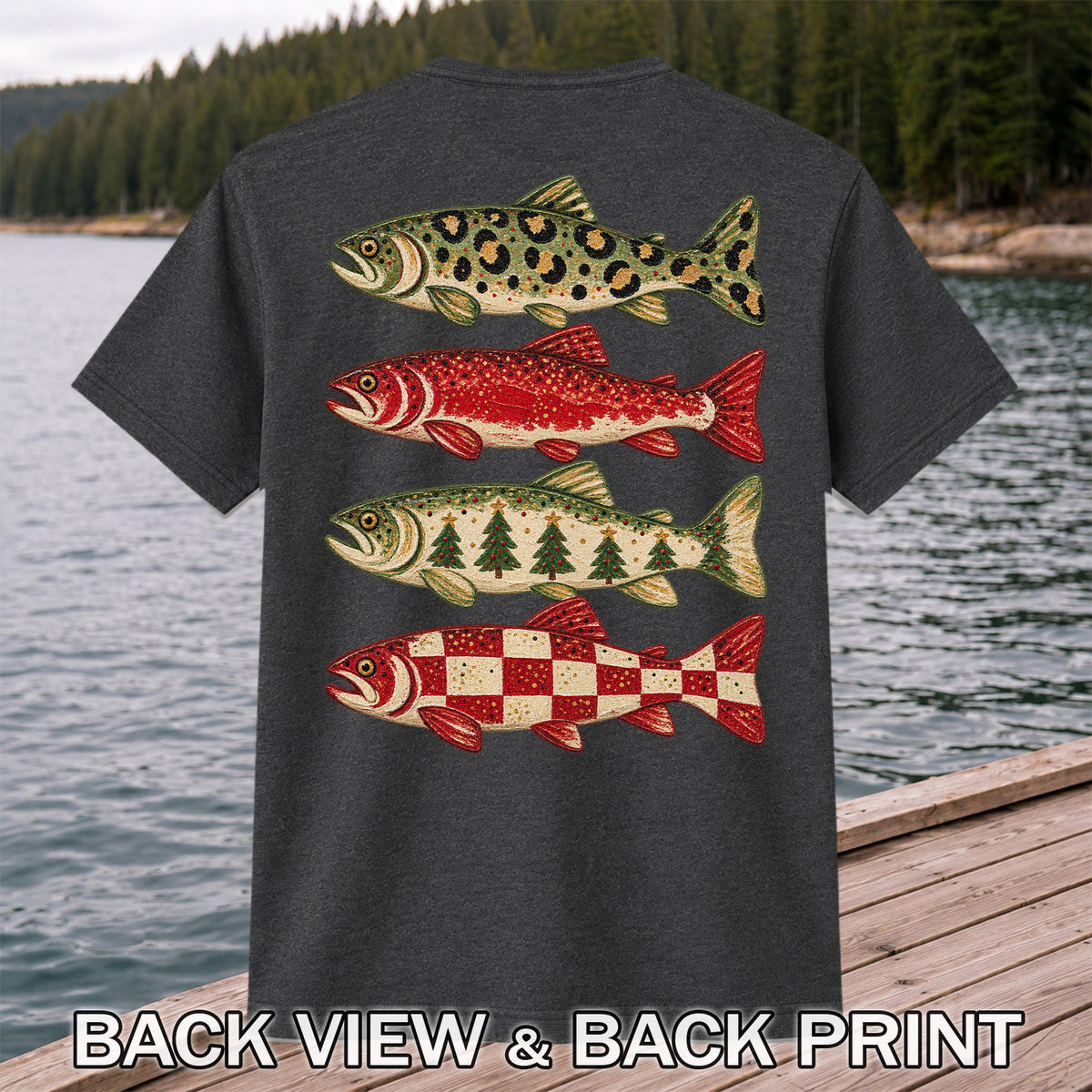 Four Seasonal Trout Patterns Christmas Fishing Graphic T-Shirt | Back Print