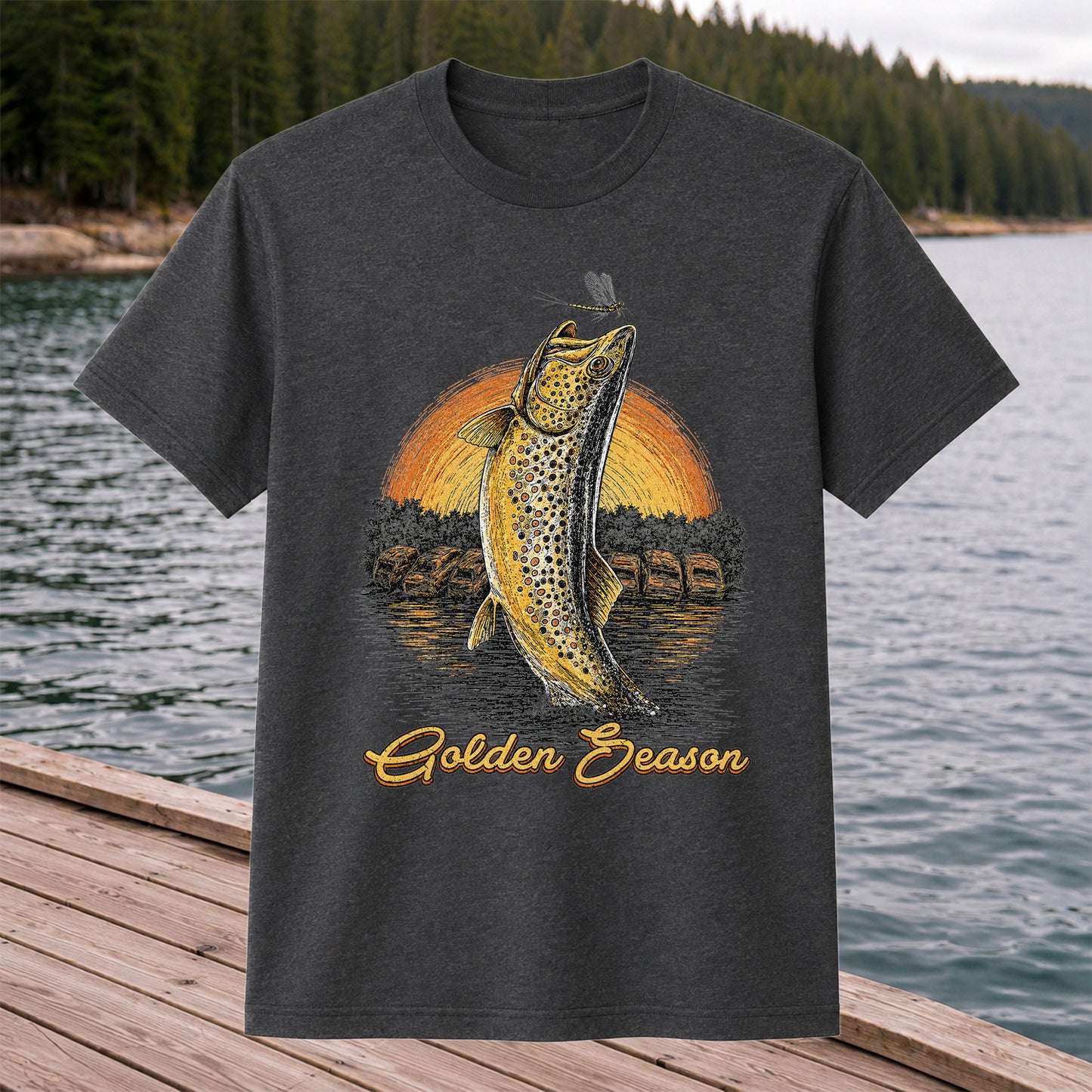 Golden Season Jumping Trout Sunset Fishing Graphic T-Shirt