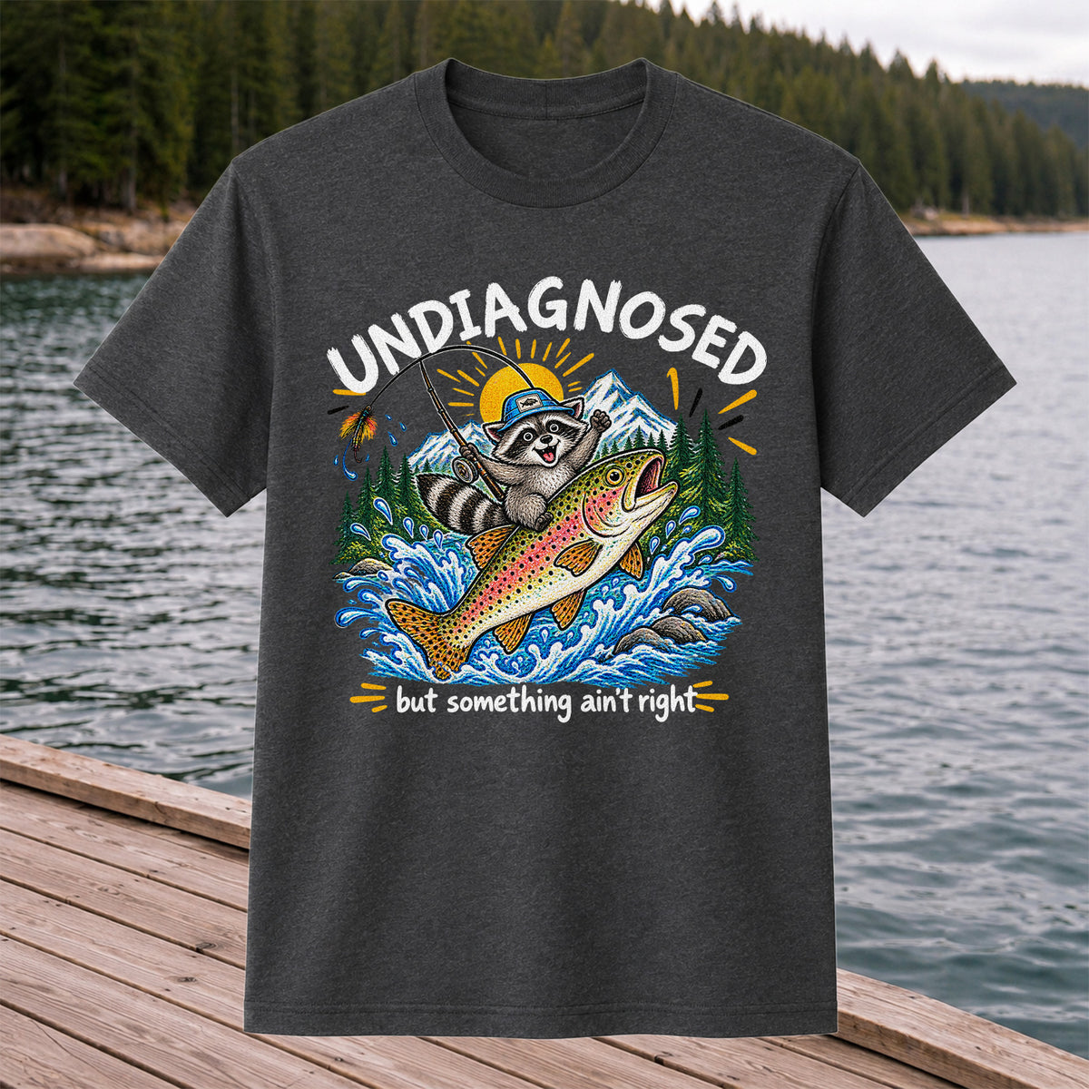 Undiagnosed But Something Ain't Right Raccoon Trout Fishing T-Shirt