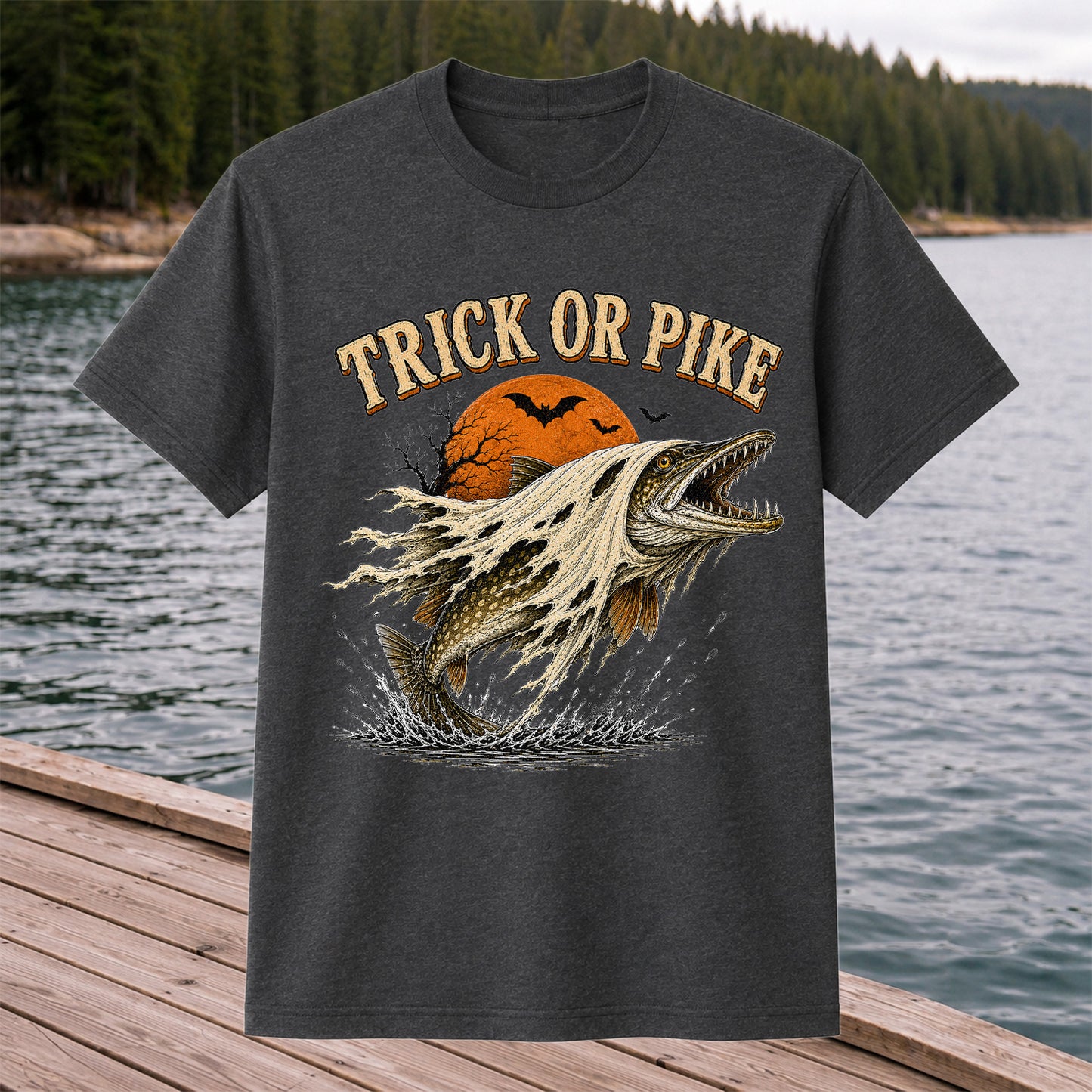 Trick or Pike Halloween Fishing T-Shirt, Vintage Trout Angler Tee