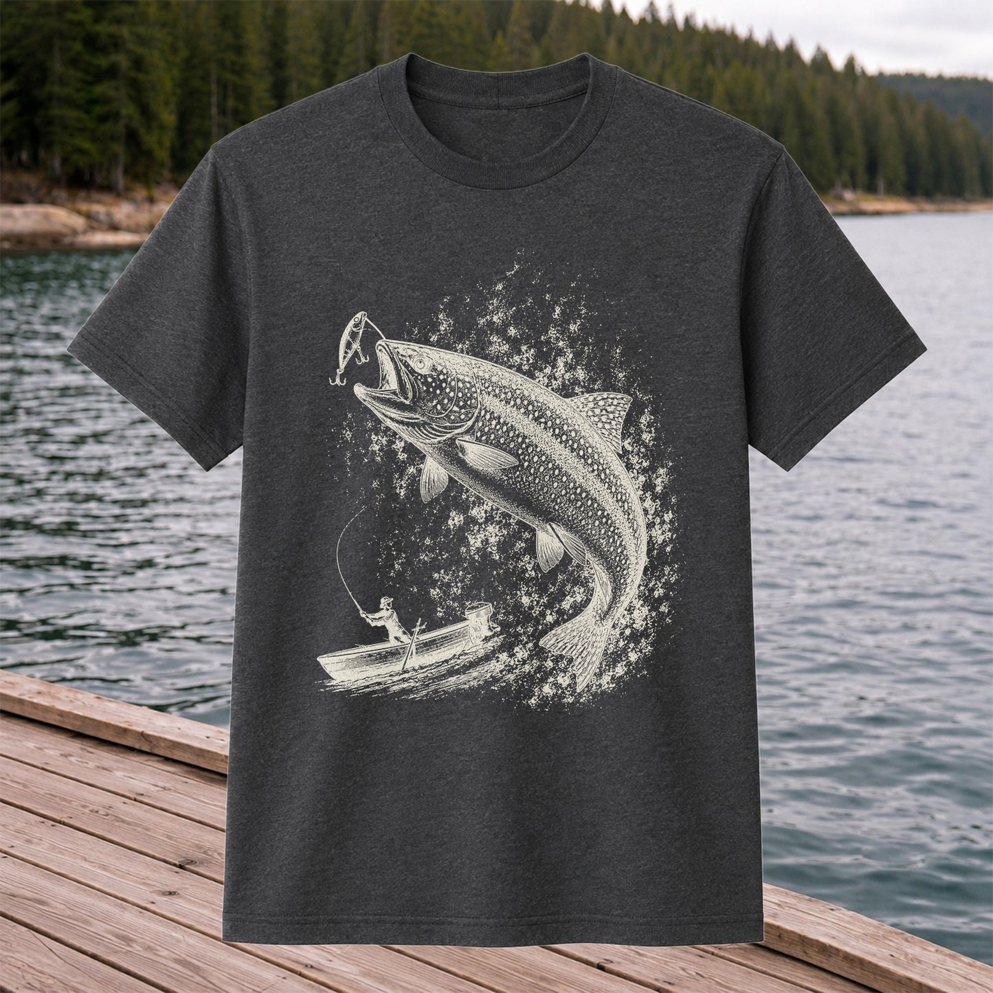 Leaping Trout Striking Lure from Fishing Boat Graphic T-Shirt
