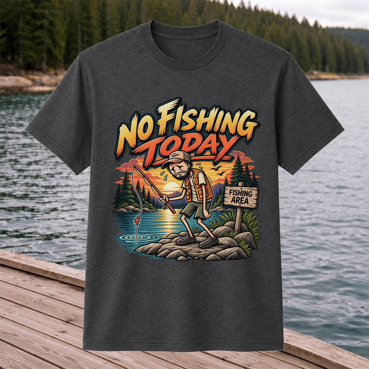 No Fishing Today Sad Angler at the Fishing Area Funny T-Shirt