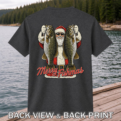 Santa Holding Bass Christmas Fishing Graphic T-Shirt | Back Print