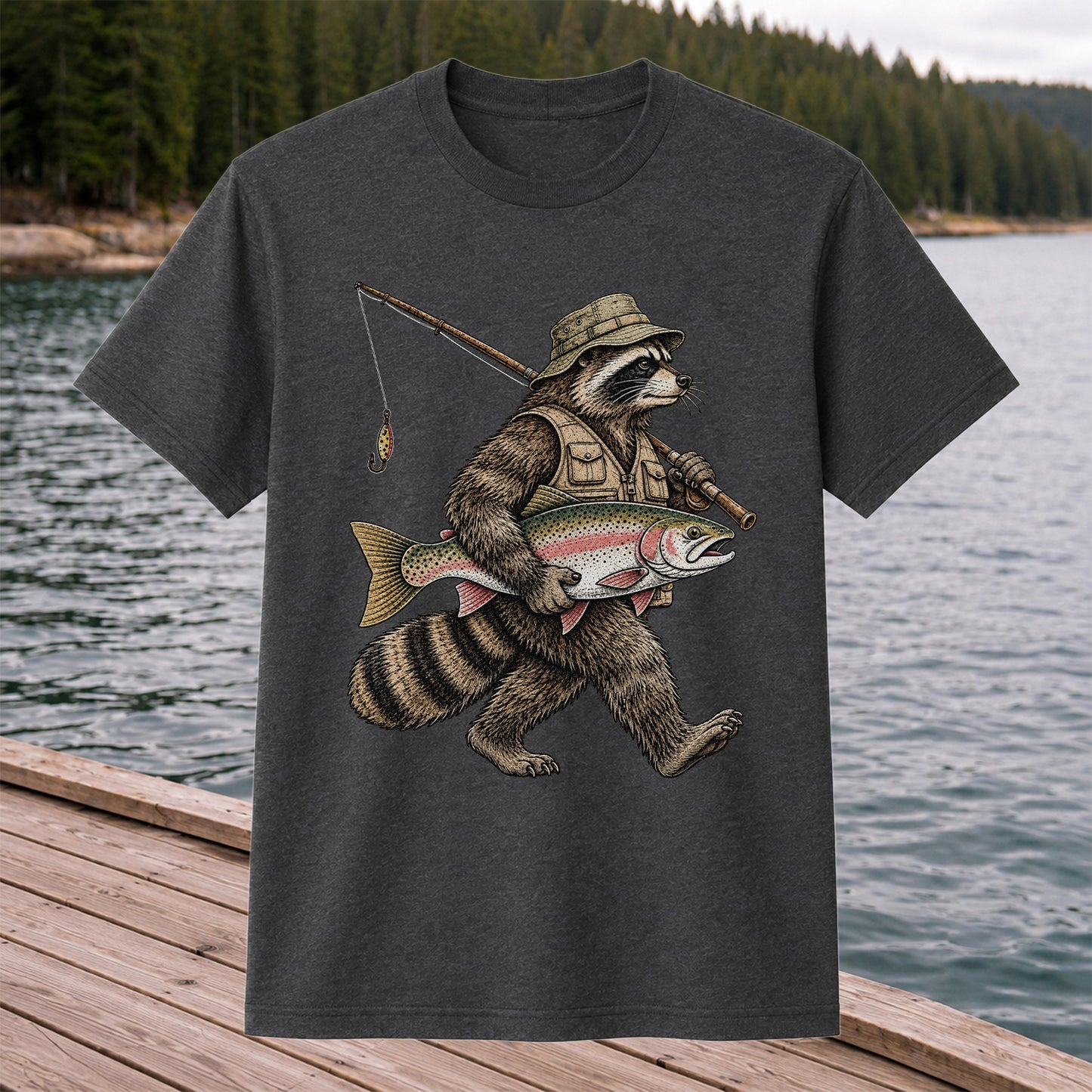 Raccoon Angler Holding Rainbow Trout Fishing Graphic T-Shirt