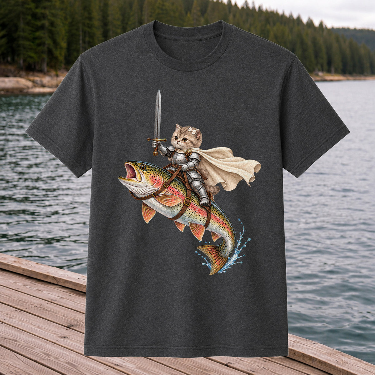 Cat Knight Riding a Rainbow Trout Fishing Graphic T-Shirt
