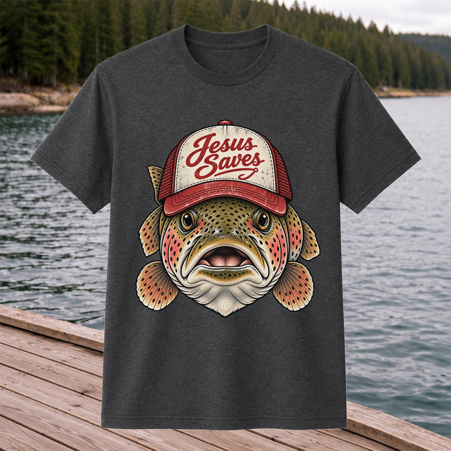 Jesus Saves Rainbow Trout in a Trucker Hat Fishing T-Shirt