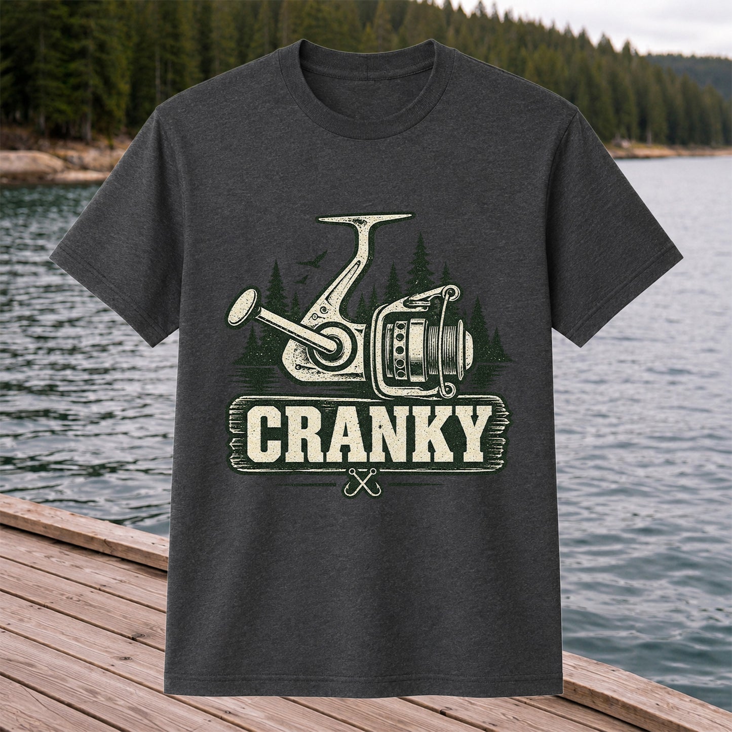 Cranky Vintage Spinning Reel Fishing Graphic T-Shirt