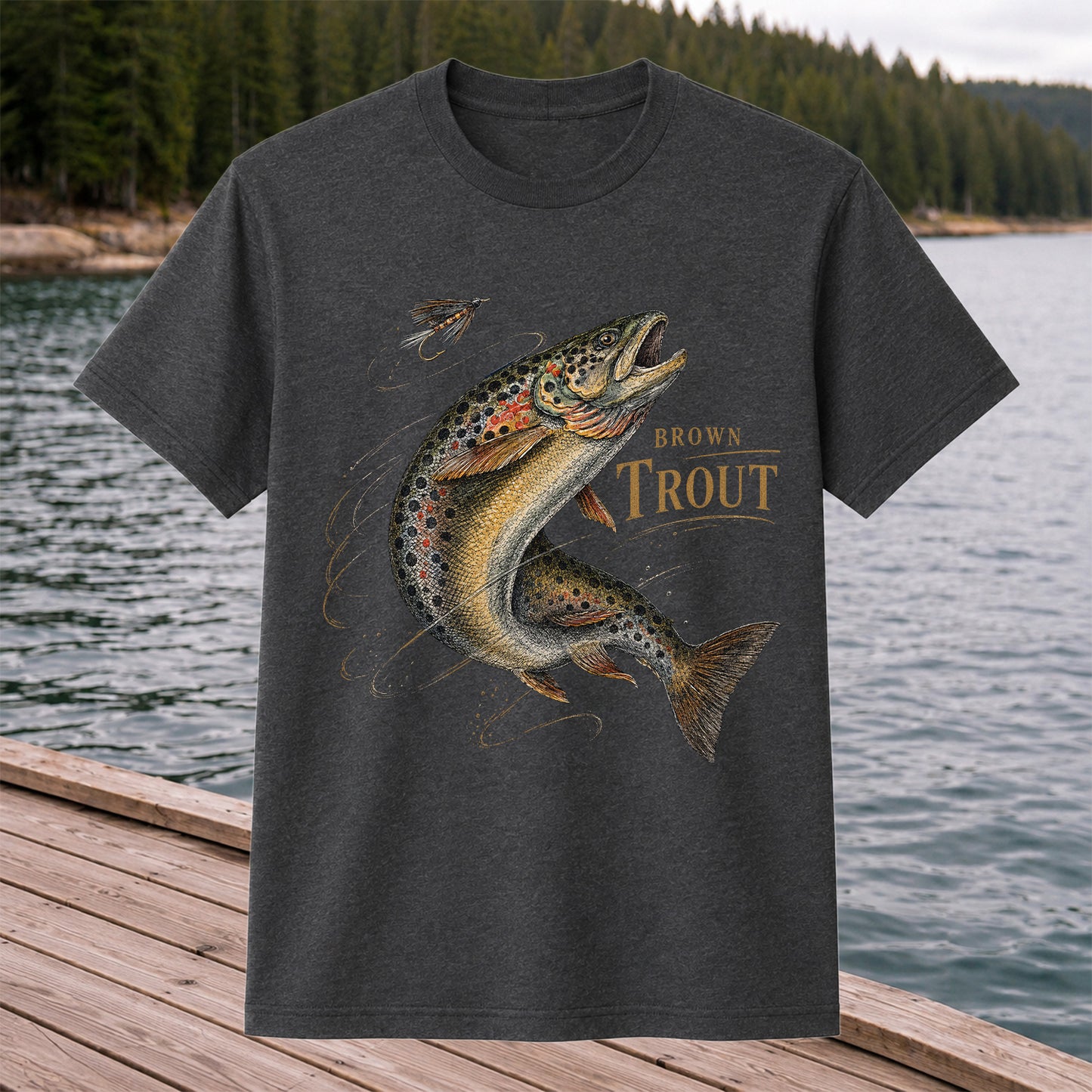 Brown Trout Chasing Fly Vintage Fishing Graphic T-Shirt