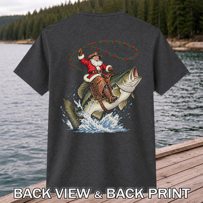 Cowboy Santa Riding a Jumping Bass Christmas Fishing Graphic T-Shirt | Back Print