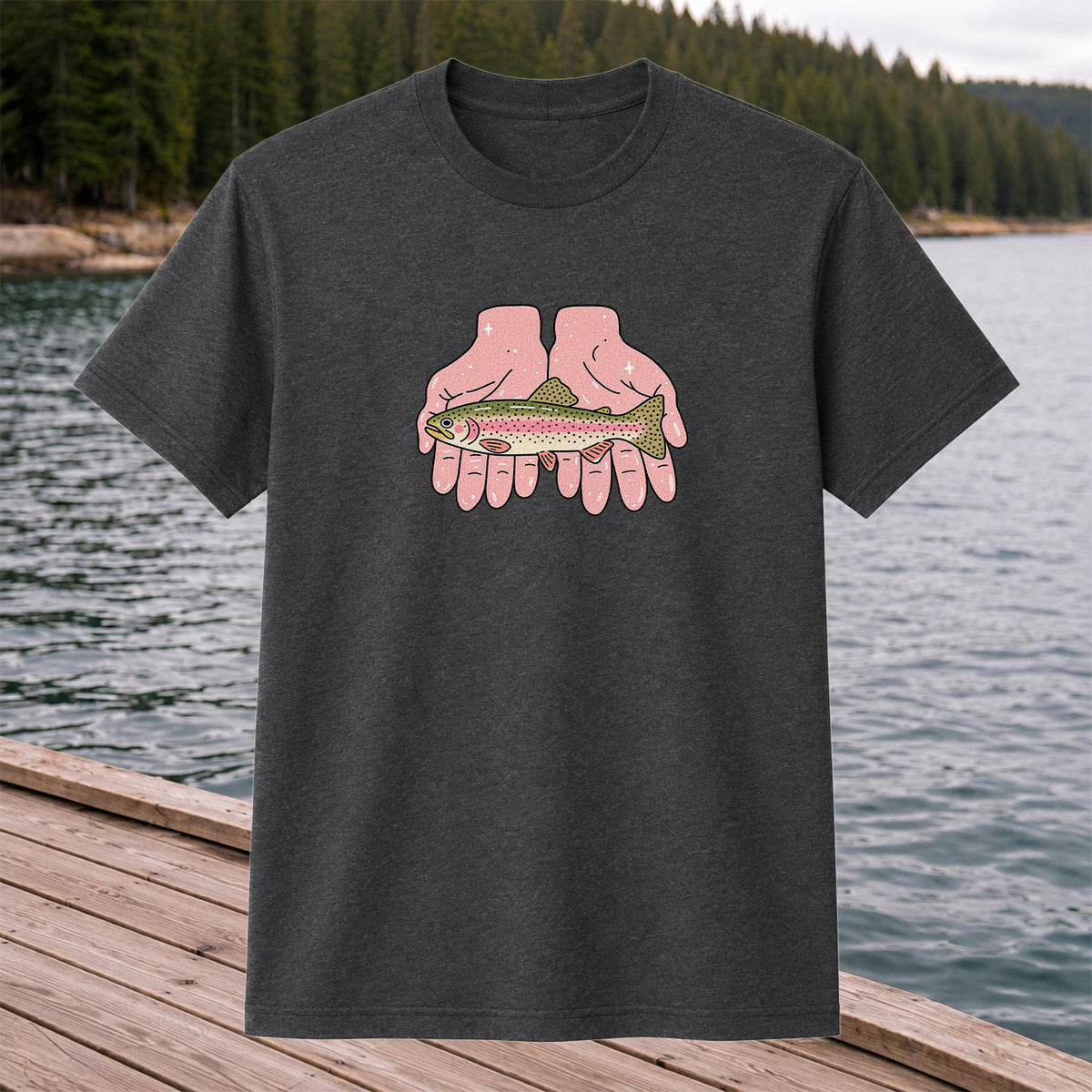 Rainbow Trout Held in Pink Hands Fishing Graphic T-Shirt