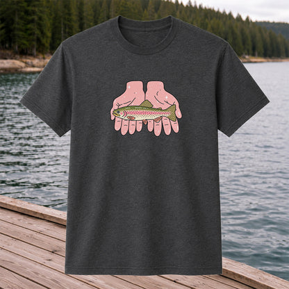 Rainbow Trout Held in Pink Hands Fishing Graphic T-Shirt