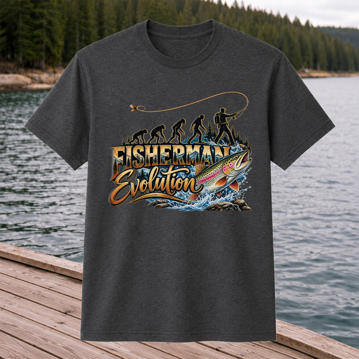 Fisherman Evolution Rainbow Trout Fly Fishing Graphic T-Shirt
