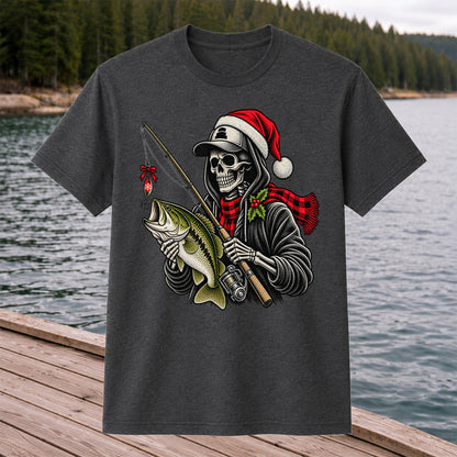 Christmas Skeleton Angler with Santa Hat and Bass Fishing T-Shirt