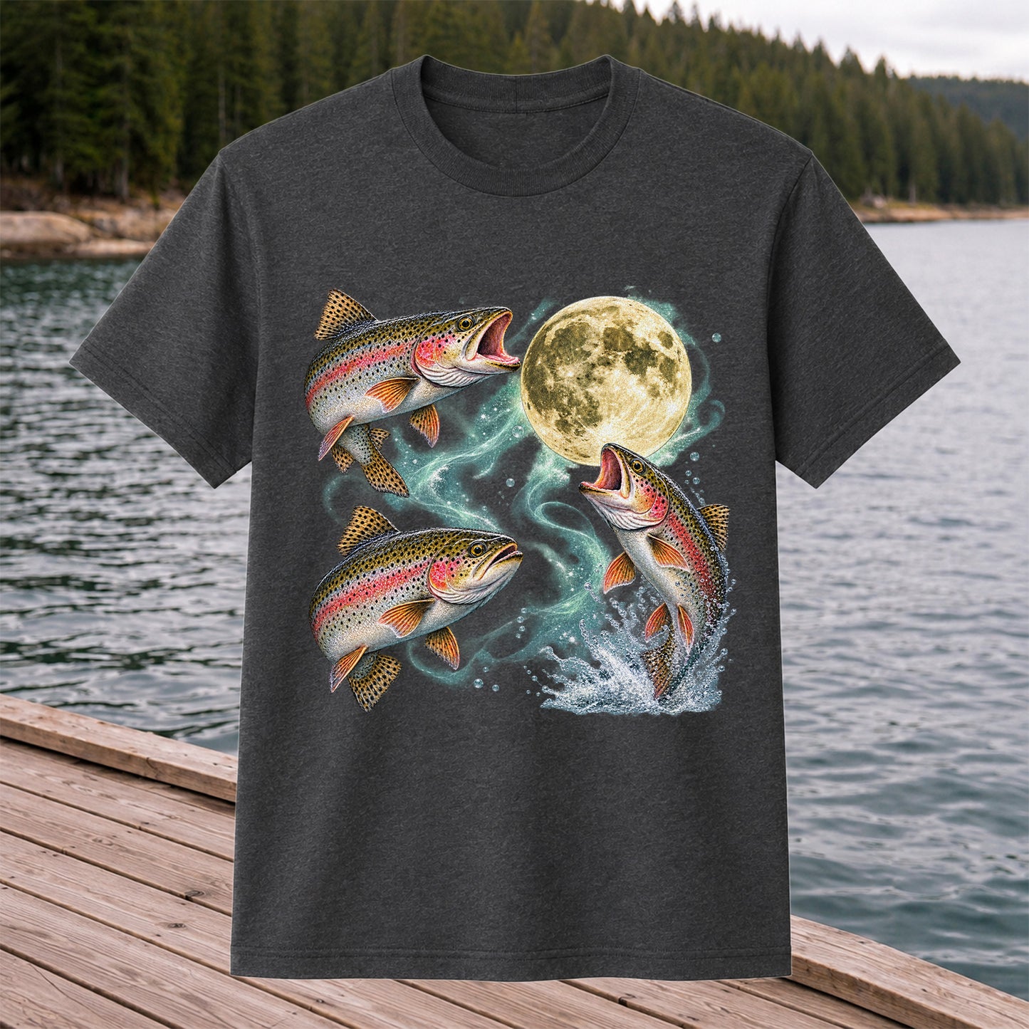 Rainbow Trout Under the Full Moon Fishing Graphic T-Shirt