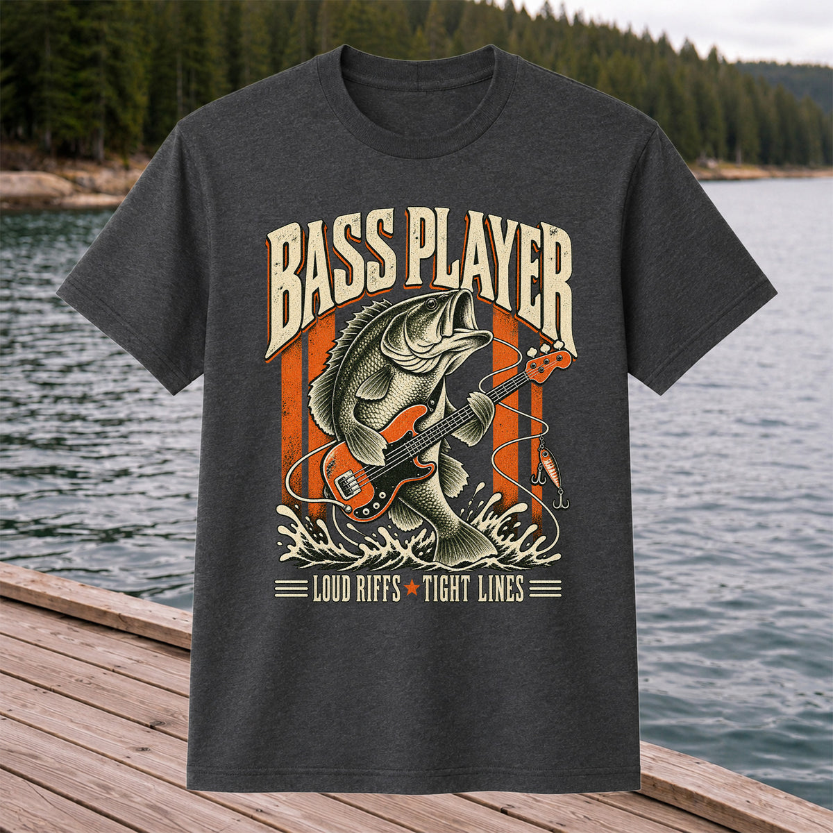 Bass Playing Guitar Vintage Fishing Graphic T-Shirt