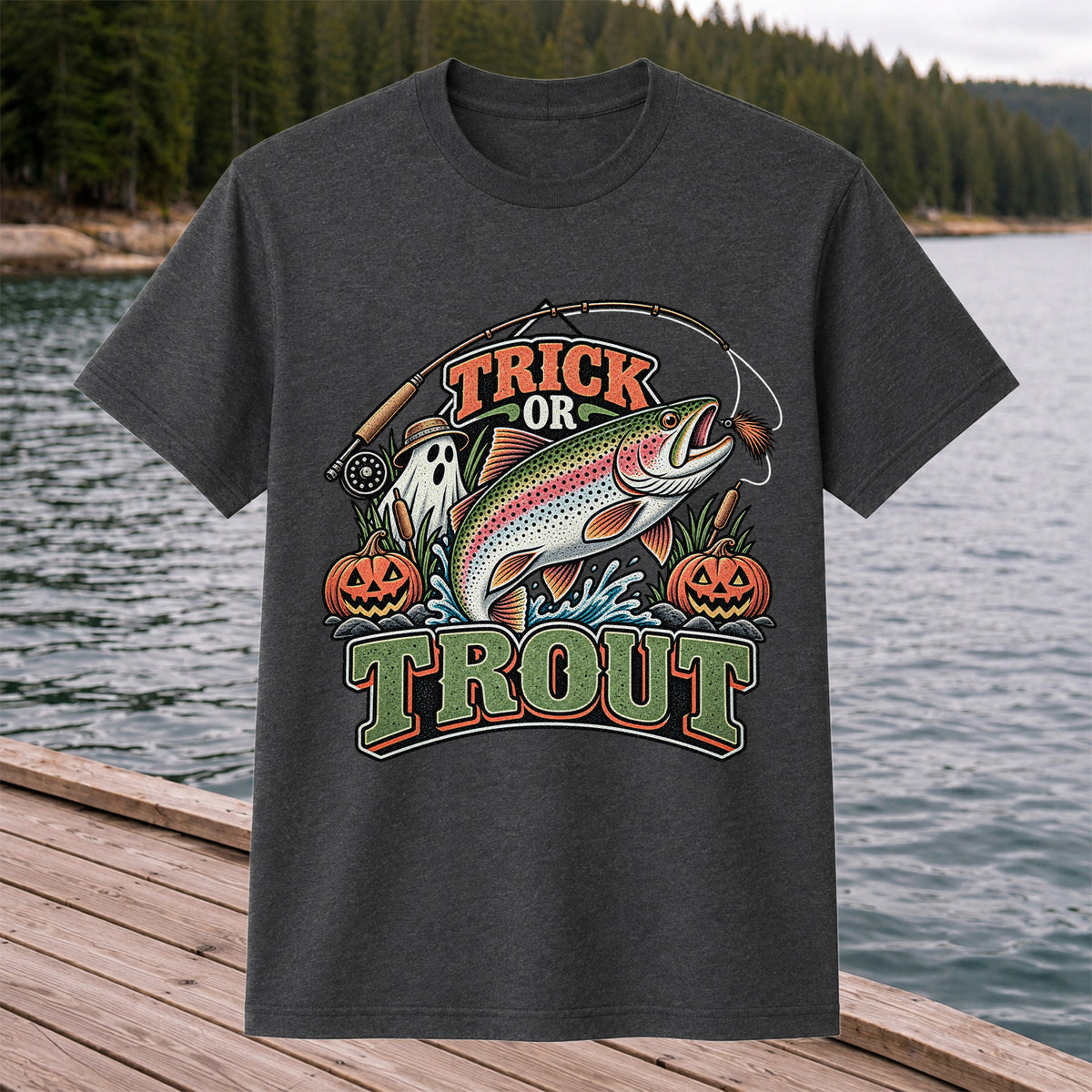 Trick or Trout Rainbow Trout Ghost and Pumpkins Halloween Fishing T-Shirt
