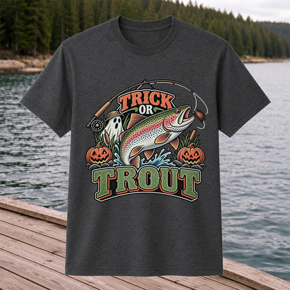 Trick or Trout Rainbow Trout Ghost and Pumpkins Halloween Fishing T-Shirt