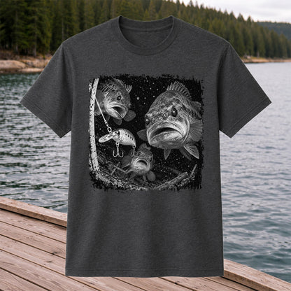 Vintage Bass Fishing Graphic T-Shirt with Underwater Fish Artwork