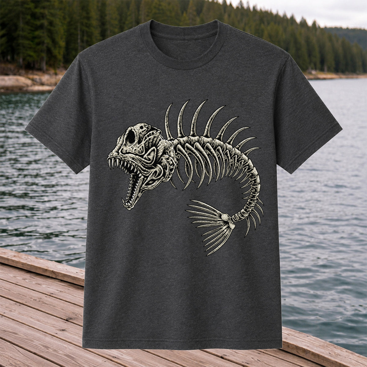 Gothic Fish Skeleton Fishing Graphic T-Shirt
