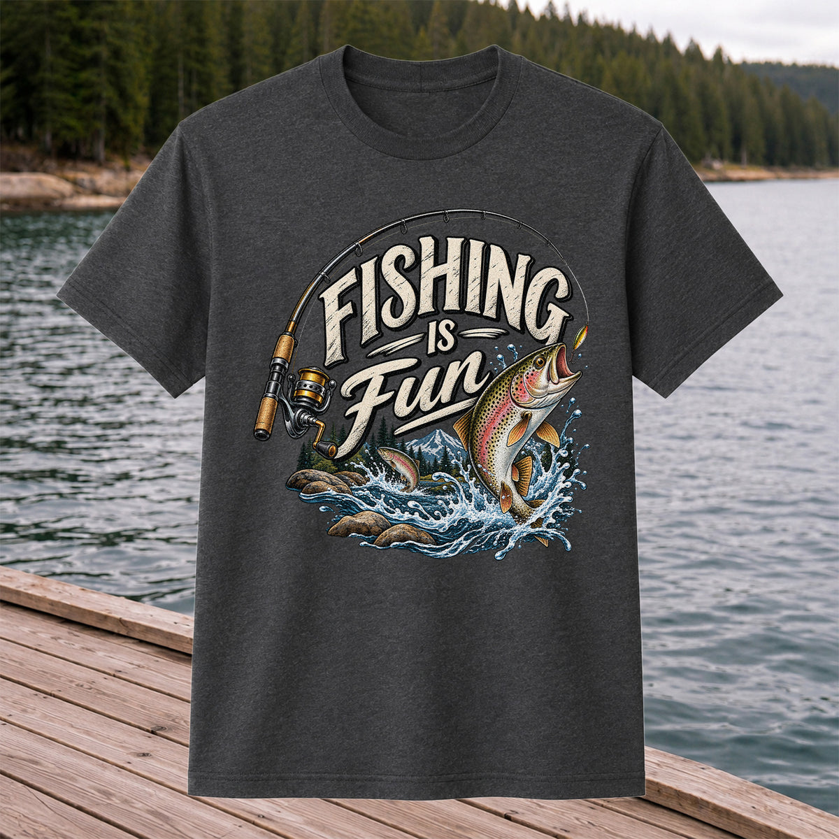 Fishing Is Fun Rainbow Trout and Mountain Graphic T-Shirt