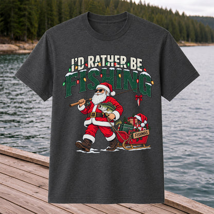 Santa Fishing with Bass Christmas Graphic T-Shirt