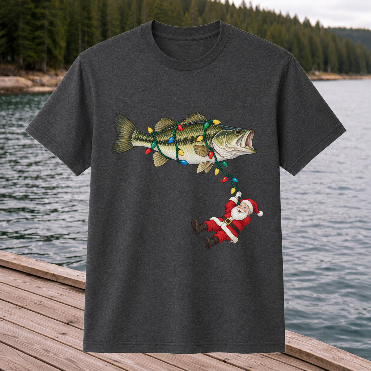 Santa Hanging from Christmas Lights on Bass Fishing Graphic T-Shirt