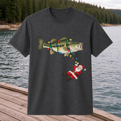 Santa Hanging from Christmas Lights on Bass Fishing Graphic T-Shirt