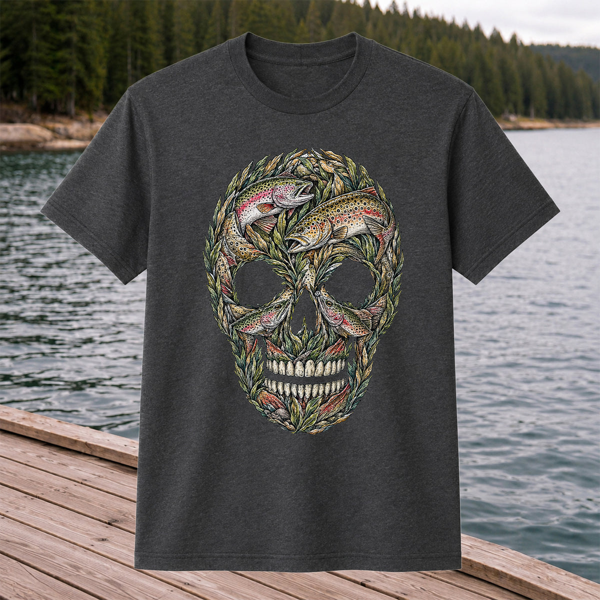 Rainbow and Brown Trout Skull Fishing Graphic T-Shirt