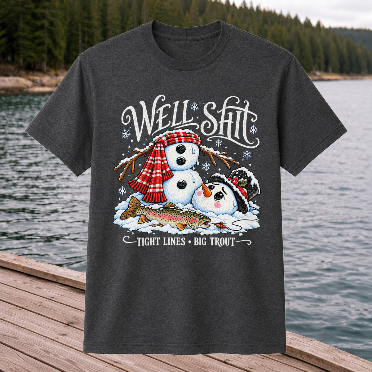 Well Shit Tight Lines Big Trout Snowman Fishing T-Shirt