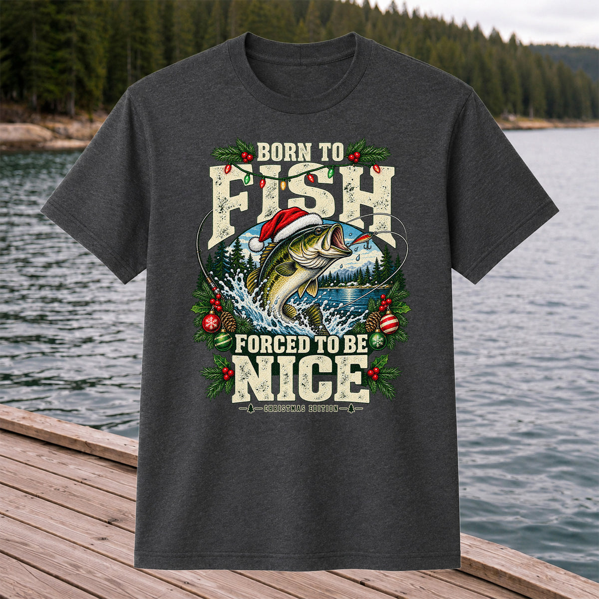 Born to Fish Forced to Be Nice Christmas Bass T-Shirt