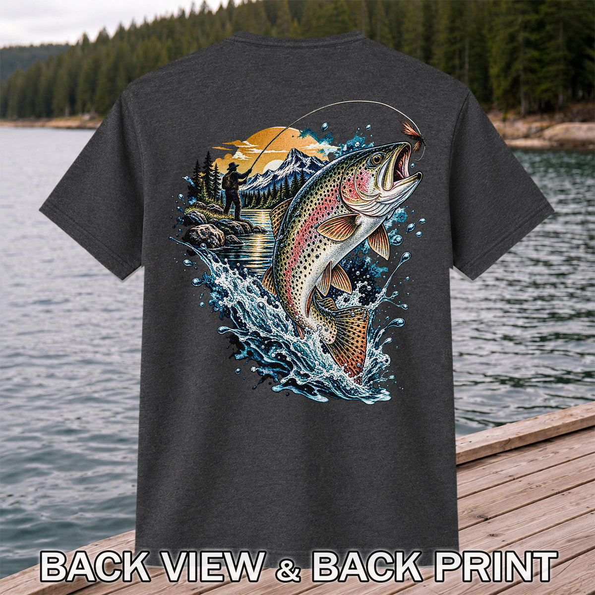 Leaping Rainbow Trout Mountain River Fly Fishing Graphic T-Shirt | Back Print
