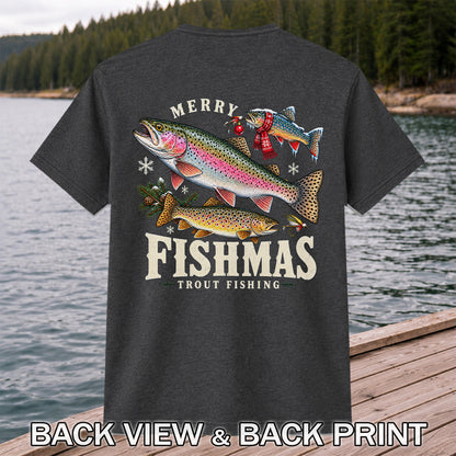 Merry Fishmas Trout Fishing Christmas Graphic T-Shirt | Back Print
