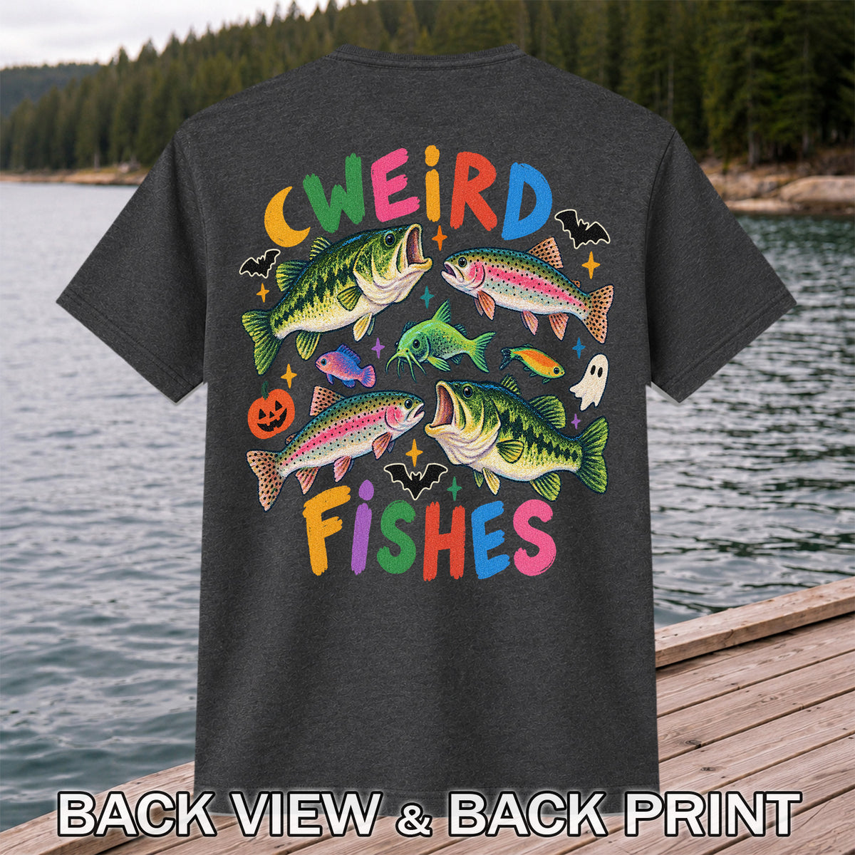 Weird Fishes Halloween Bass and Rainbow Trout Fishing T-Shirt | Back Print