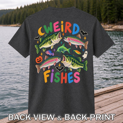 Weird Fishes Halloween Bass and Rainbow Trout Fishing T-Shirt | Back Print