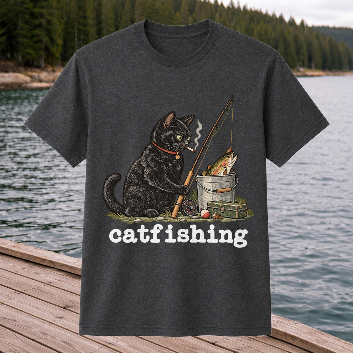 Catfishing Smoking Black Cat with Fishing Rod Funny T-Shirt