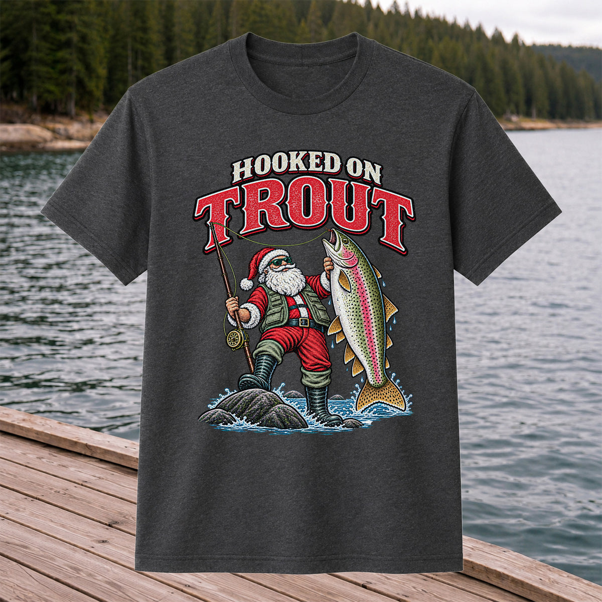 Hooked on Trout Santa Claus Rainbow Trout Christmas Fishing T-Shirt