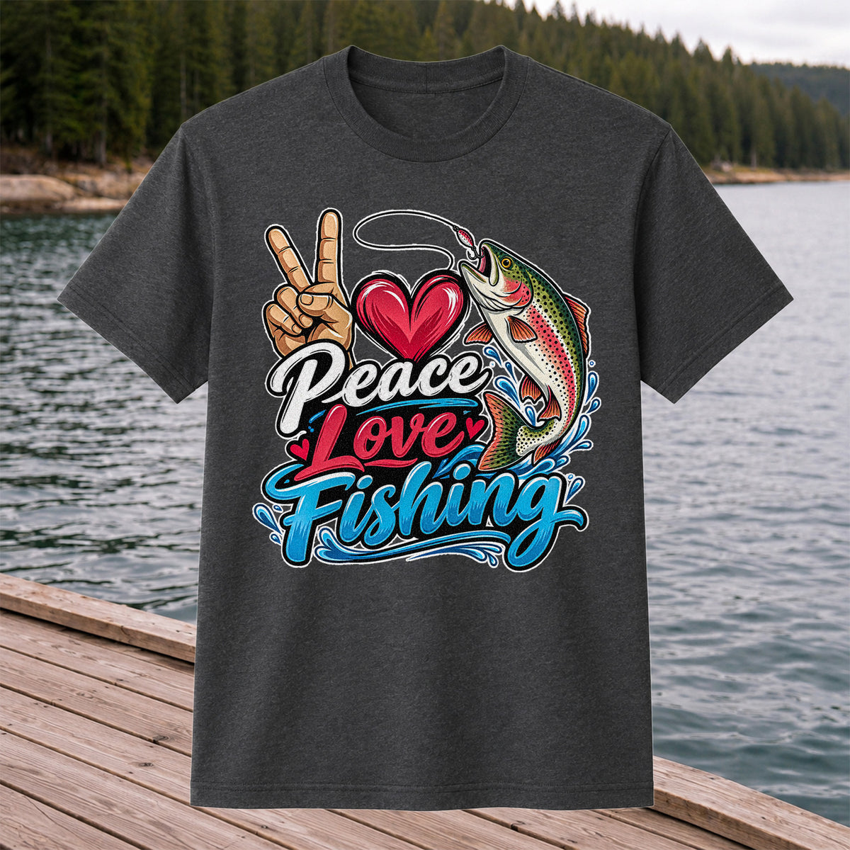 Peace Love Fishing Rainbow Trout and Heart Graphic T-Shirt
