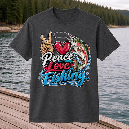 Peace Love Fishing Rainbow Trout and Heart Graphic T-Shirt