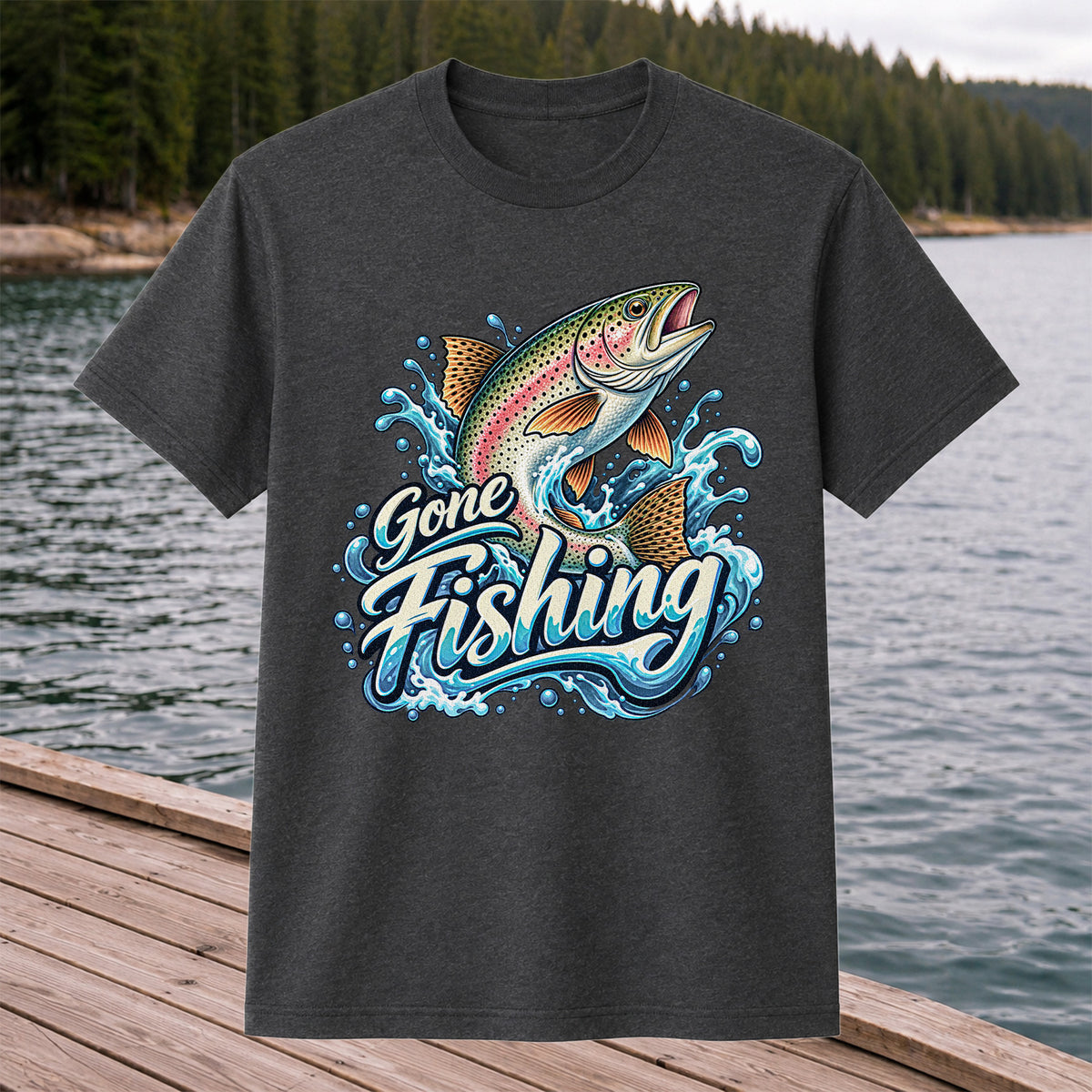 Gone Fishing Jumping Rainbow Trout Splash Graphic T-Shirt