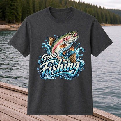 Gone Fishing Jumping Rainbow Trout Splash Graphic T-Shirt