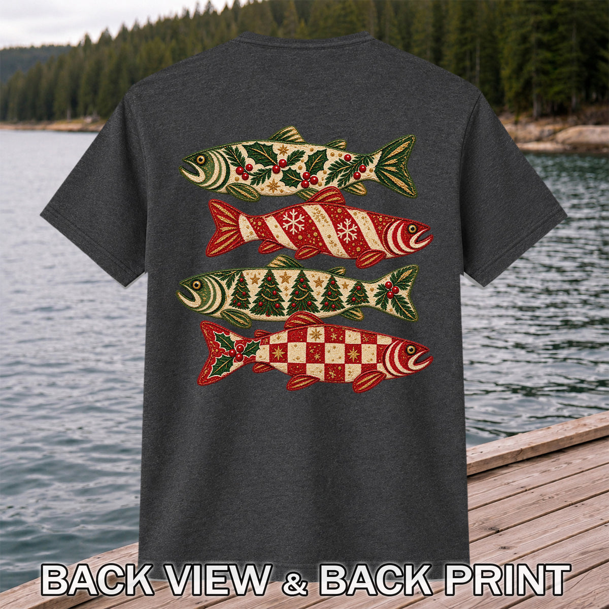 Christmas Trout Holiday Pattern Fishing Graphic T-Shirt | Back Print