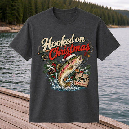 Hooked on Christmas Rainbow Trout in Santa Hat Fishing T-Shirt