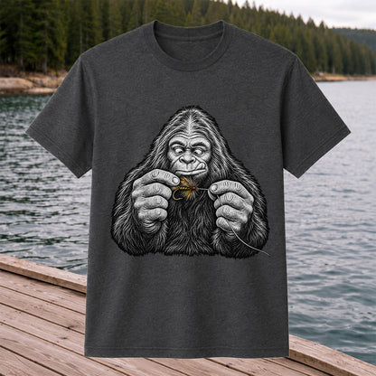Bigfoot Tying a Fly Fishing Lure Graphic T-Shirt